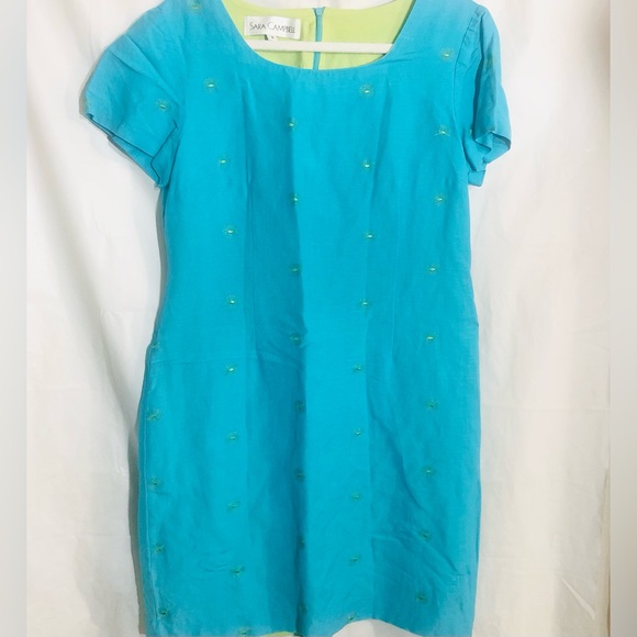 Sarah Campbell Linen Dress Sz 8 Contrast Lining Embroidered Flowers USA Organic - Picture 1 of 13